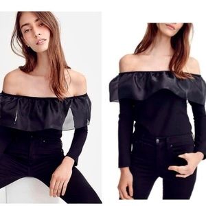 NWT JCrew classy off the shoulder black ruffle top in size M.